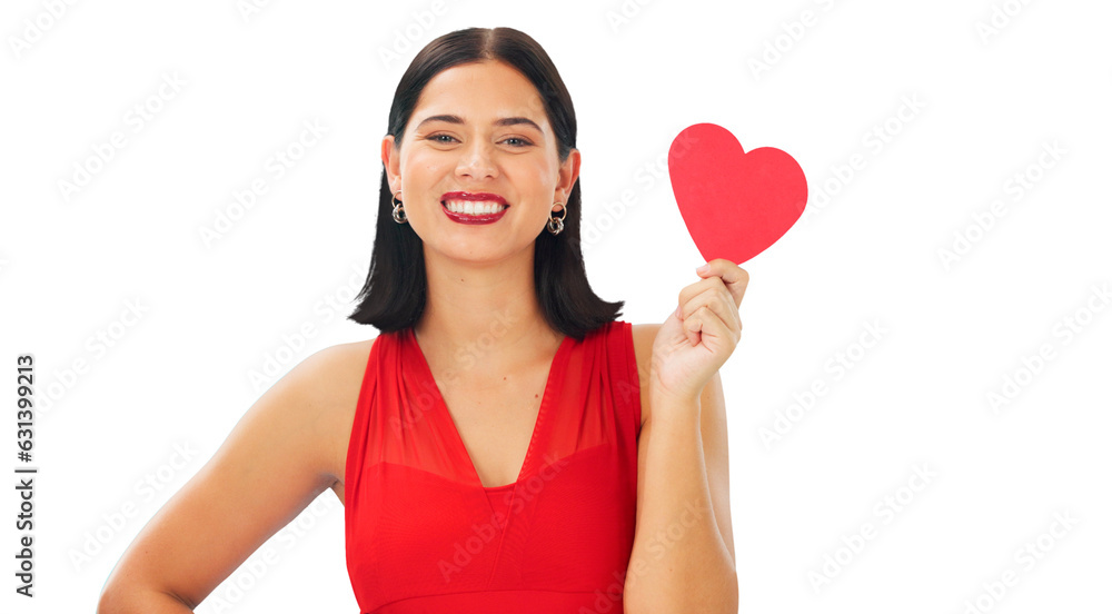Woman, red paper heart and portrait for love, support and isolated on a transparent png background. Face of happy female model with emoji sign, shape and icon for romance, kindness and valentines day Woman, red paper heart and portrait for love, support and isolated on a transparent png background. Face of happy female model with emoji sign, shape and icon for romance, kindness and valentines day
