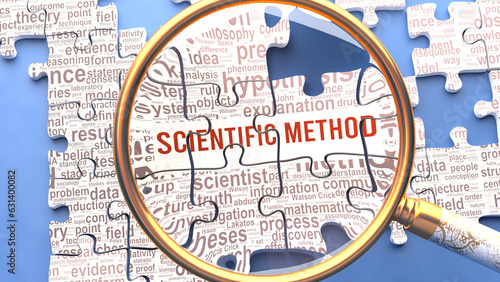 Scientific method being closely examined along with multiple concepts and ideas directly related to Scientific method. Many parts of a puzzle forming one, connected whole.,3d illustration