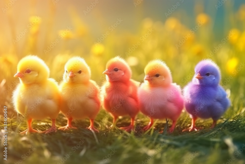 a group of cute chicks in a green grass garden with blurred sun light background. generative ai