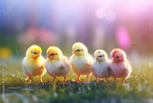 a group of cute chicks in a green grass garden with blurred sun light background. generative ai © LivroomStudio