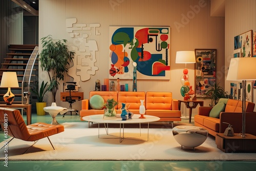 A living room interior styled in the fashion of the 1960s, characterized by retro and vibrant elements. © 2rogan