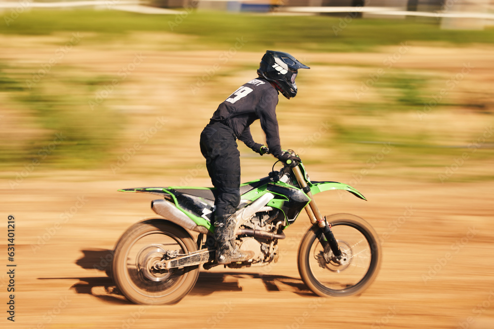 Off road, motorcycle and man in the countryside for fitness, adrenaline and speed training outdoor. Sports, bike and male driver on motorbike with freedom, performance and moto hobby stunt in nature