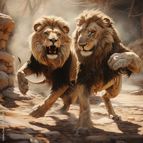 A fierce fight between two male lions, Created with generative AI © 일 박