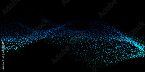 Abstract random dot particles light wavy flowing blue and green gradient curve shape isolated on black background. Vector in concept technology, science, music, modern.
