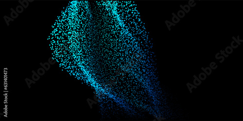 Abstract random dot particles light wavy flowing blue and green gradient curve shape isolated on black background. Vector in concept technology, science, music, modern.