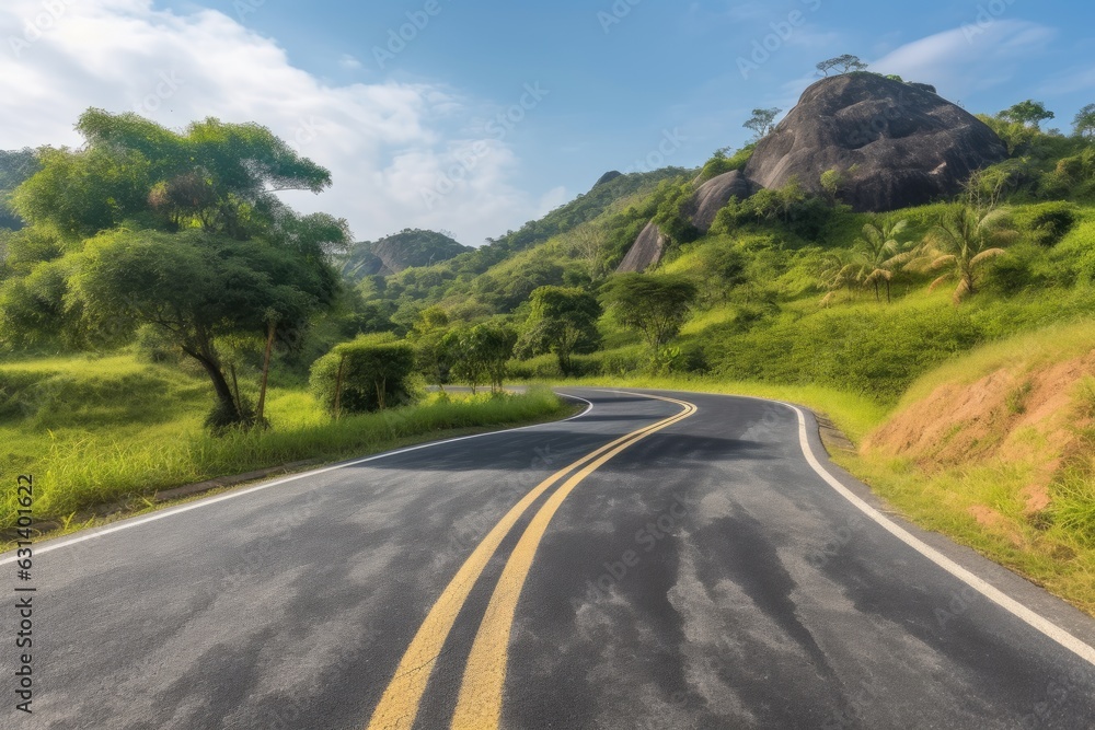 Naklejka premium Empty road winds through a nature landscape, AI generated