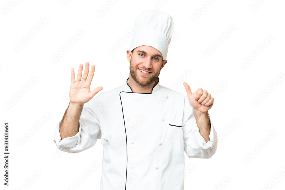 Young blonde man Chef over isolated chroma key background counting six with fingers Young blonde man Chef over isolated chroma key background counting six with fingers