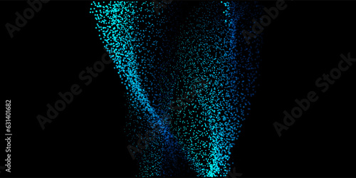Abstract random dot particles light wavy flowing blue and green gradient curve shape isolated on black background. Vector in concept technology, science, music, modern.