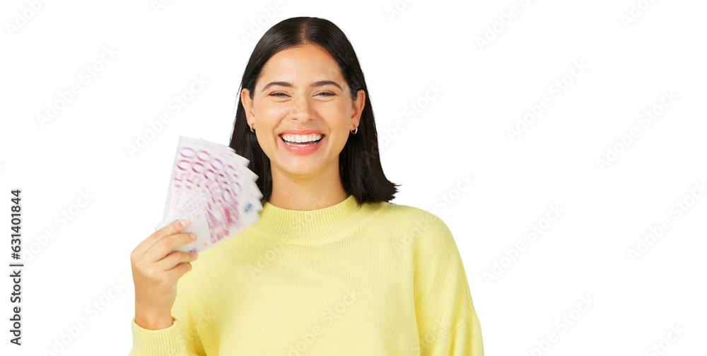 Happy woman, cash and money fan for winning, lottery or prize isolated on a transparent PNG background. Portrait of excited female person in celebration for profit, investment or financial freedom Happy woman, cash and money fan for winning, lottery or prize isolated on a transparent PNG background. Portrait of excited female person in celebration for profit, investment or financial freedom