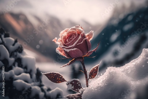 Rose with snow over it on the mountain, winter, AI generated
