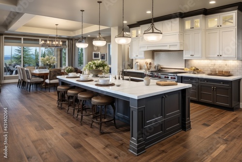 A luxurious new home features a kitchen interior adorned with an island  sink  cabinets  and hardwood floors.