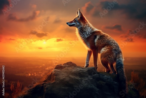 wolf on the hill with sunset view in the evening. generative ai