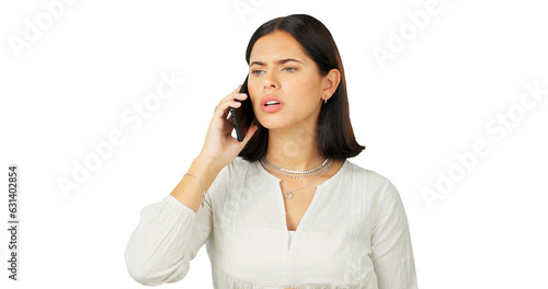 Fotografie Phone call, fighting or anger with a woman frustrated while isolated on a transparent background