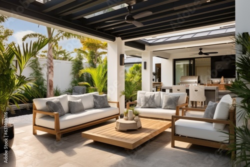 A newly built house features a sheltered outdoor patio area that is furnished with seating options for guests.