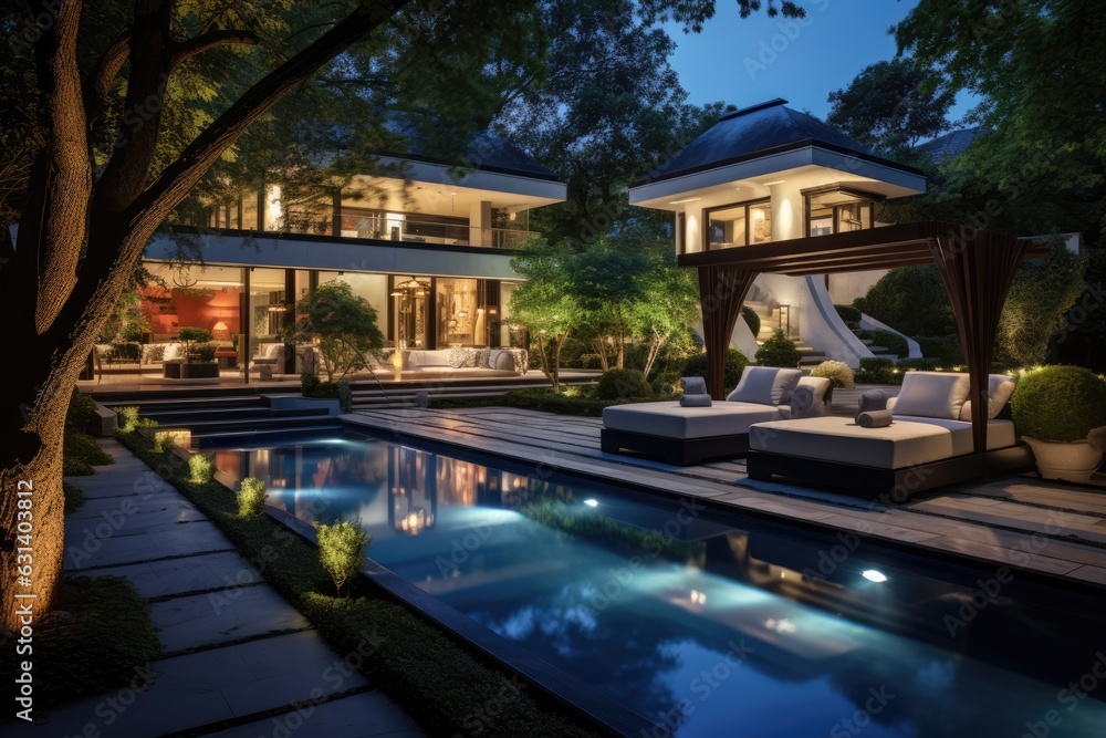 A high end residence boasts a lavish garden area with an exquisite swimming pool and elegant deck space.