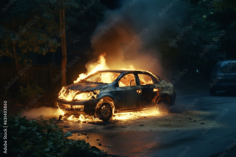 Crashed car burning at night,