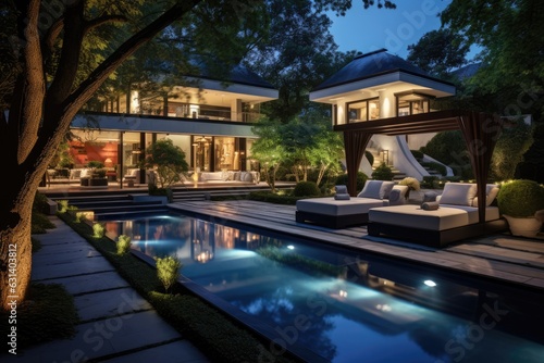 A high end residence boasts a lavish garden area with an exquisite swimming pool and elegant deck space. © 2rogan