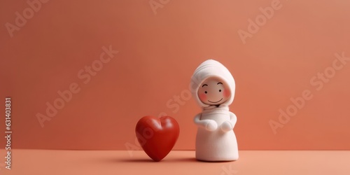 cute stuffed doll toy sitting on red background, love and lifestyle concept, playful with copy space for text