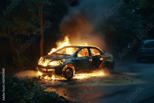 Crashed car burning at night,