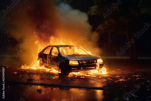 Crashed car burning at night,