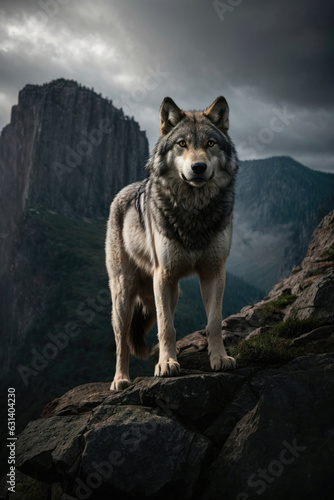 A fierce gray wolf, standing atop a rocky cliff