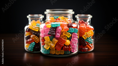 three glasses full of delicious gummy bears against black background, generative AI