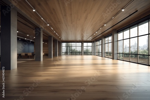 empty big office interior with wood design. generative ai