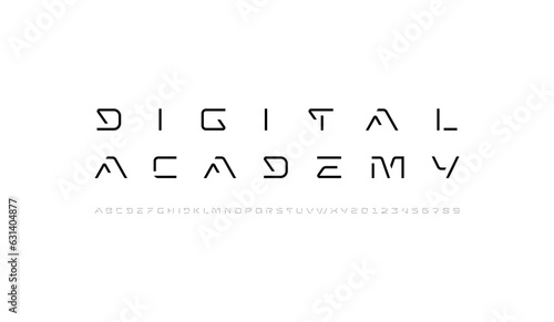 Tech font, digital alphabet, thin Latin letters A, B, C, D, E, F, G, H, I, J, K, L, M, N, O, P, Q, R, S, T, U, V, W, X, Y, Z and Arab numerals 0, 1, 2, 3, 4, 5, 6, 7, 8, 9 made in design cyber future