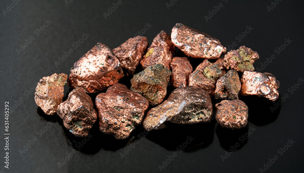 native copper nuggets isolated on black background, ore for industrial use in electrical wires and household utensils native copper nuggets isolated on black background, ore for industrial use in electrical wires and household utensils