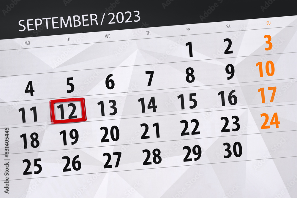 Fototapeta premium Calendar 2023, deadline, day, month, page, organizer, date, September, tuesday, number 12