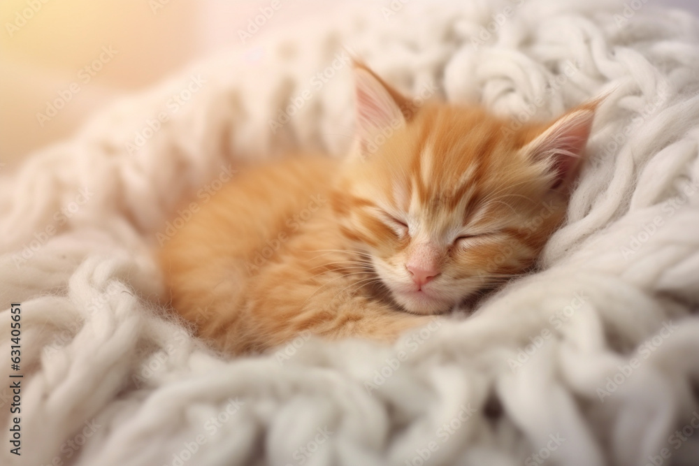 Cute little ginger kitten sleeps on fur white blanket, soft lightinig