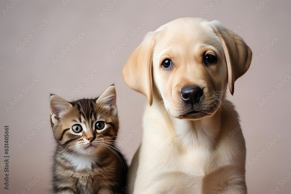 Portrait of very cute kitty and puppy side by side, AI generated