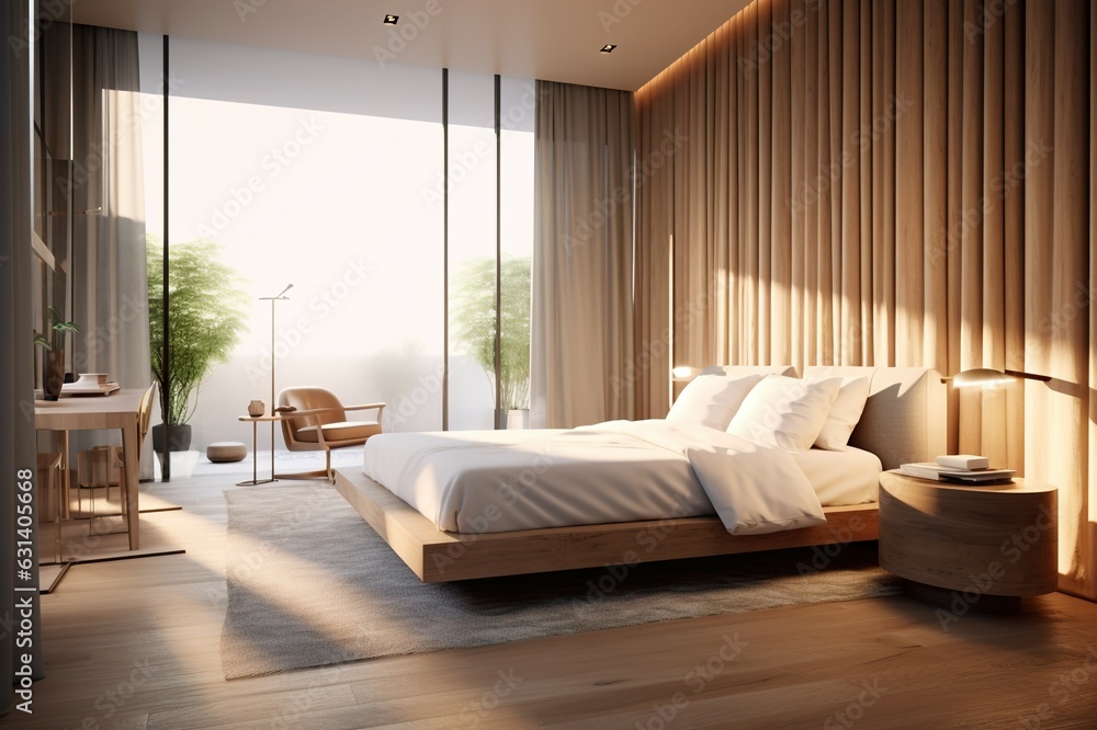Cozy and minimalist bedroom interiors with modern furnishings with natural afternoon light sea views and summer sky.