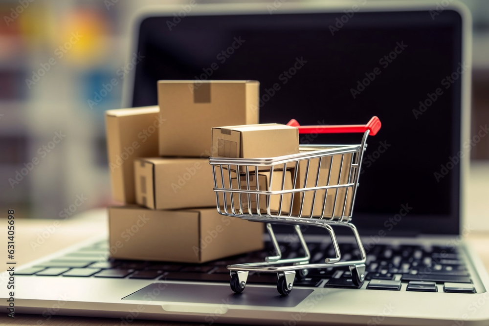 Tiny shopping cart and parcels on laptop computer, delivery service, e-commerce, online shopping and marketplace concept.