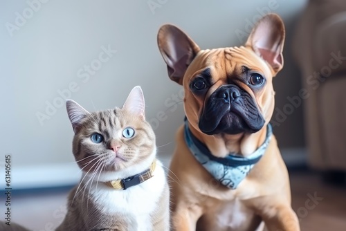 Portrait of very cute kitty and puppy side by side, AI generated