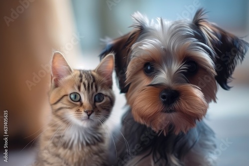 Portrait of very cute kitty and puppy side by side, AI generated © Nattawat
