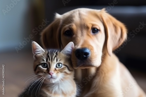 Portrait of dog and cat side by side, AI generated