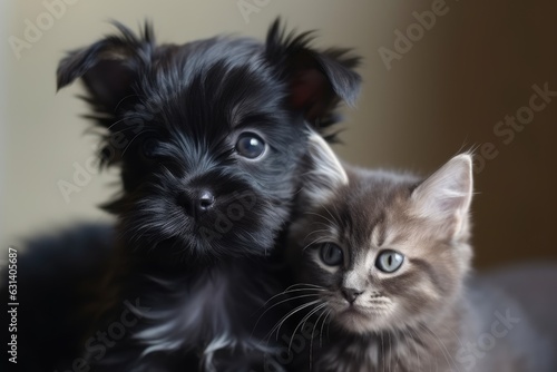 Portrait of very cute kitty and puppy side by side  AI generated