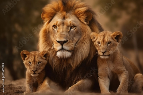 Lion and two lion cubs hanging out on the dry grass at savanna grassland in the evening, father and sons, protecting wildlife concept. © Sunday Cat Studio