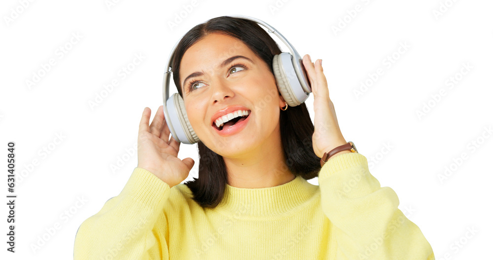 Happy, thinking and a woman with headphones, music and listening to a podcast. Idea, young and a girl or person with vision, streaming audio and sound isolated on a transparent png background Happy, thinking and a woman with headphones, music and listening to a podcast. Idea, young and a girl or person with vision, streaming audio and sound isolated on a transparent png background