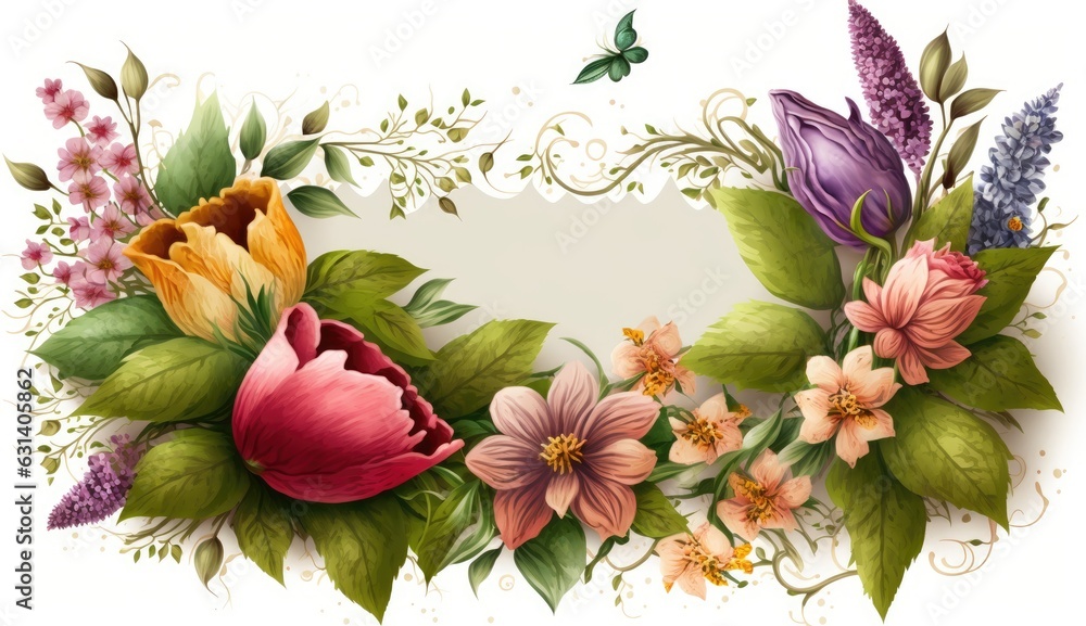 Fototapeta premium Beautiful spring flowers floral border frame with copy space for text, AI generated