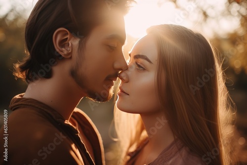 Close up portrait of young couple kissing against golden sunlight, AI generated