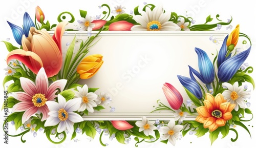Beautiful spring flowers floral border frame with copy space for text, AI generated #631405845