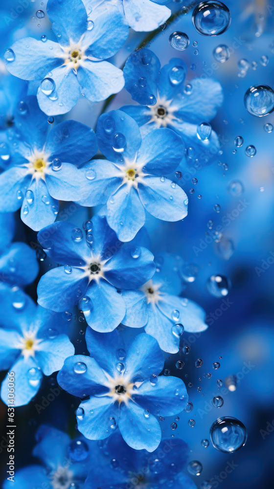 Obraz premium Forget-me-nots flowers pressed up against glass covered in condensation, , water droplets.