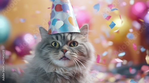 Happy cat smiling wearing hat birthday concept with flying confetti.