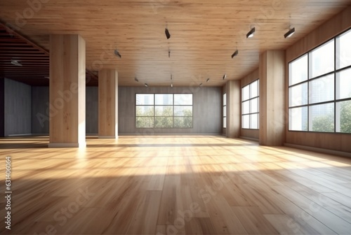 empty big office interior with wood design. generative ai