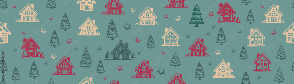 Christmas house and tree has drawn illustrations, vector.	
