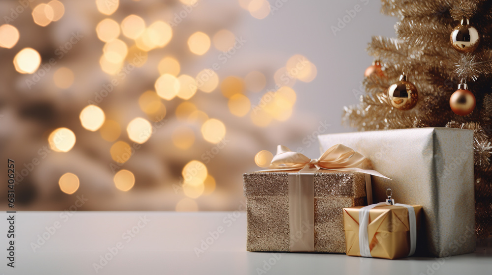 Christmas gift boxes background with copy space. AI