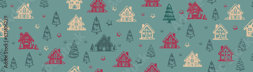 Christmas house and tree has drawn illustrations, vector. 