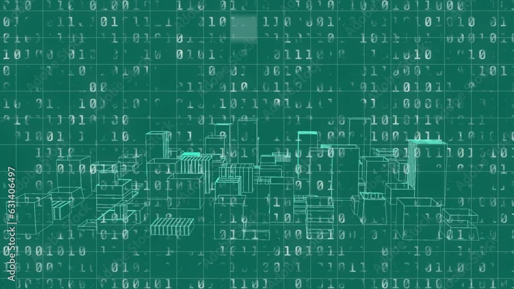 Animation of binary coding data processing over cityscape on green background Animation of binary coding data processing over cityscape on green background